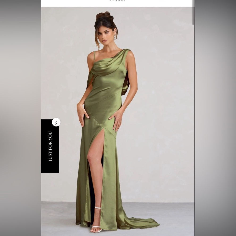 OLIVE SATIN ASYMMETRIC DRAPED SPLIT MAXI DRESS